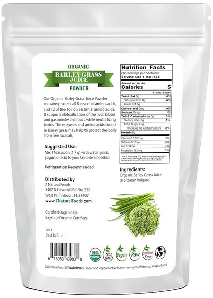 Z Natural Foods Organic Barley Grass Juice Powder - Made in USA, USDA Organic Nutrient-Dense Green Drink Mix for Energy, Detox with Amino Acids - Antioxidant Juice Blend for Water, Smoothies, 1 lb