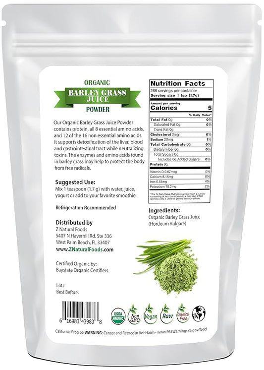 Z Natural Foods Organic Barley Grass Juice Powder - Made in USA, USDA Organic Nutrient-Dense Green Drink Mix for Energy, Detox with Amino Acids - Antioxidant Juice Blend for Water, Smoothies, 1 lb