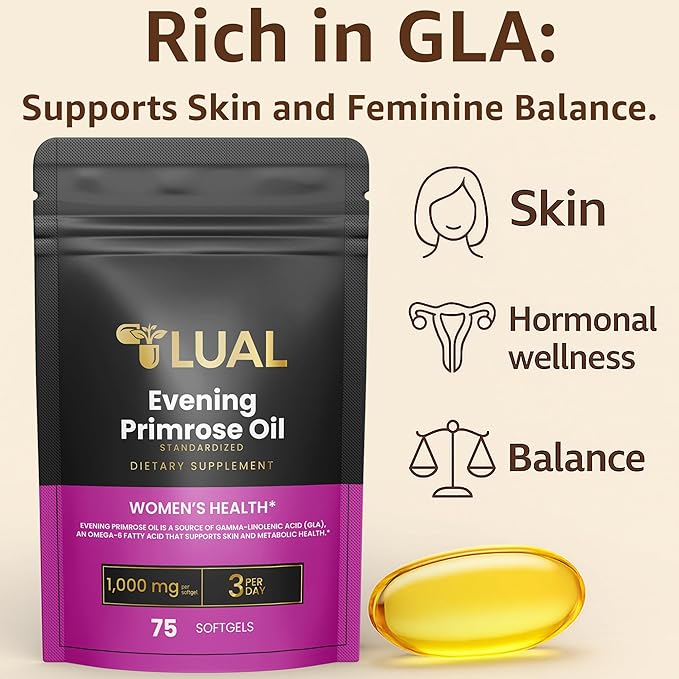 Women's Health Evening Primrose Oil Softgels | Omega-6 Fatty Acid for Women's Health | Lual Evening Primrose Oil Capsules 1000mg 75 Count