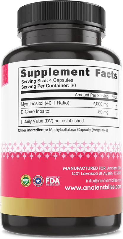 Ancient Bliss Myo & D-Chiro Inositol Supplement, 40 to 1 Ratio, Helps in Ovarian Function Support for Women, Vitamin B8 Helps to Regulate Menstrual Cycle, 2050mg per Serving, 120 Vegan Capsules