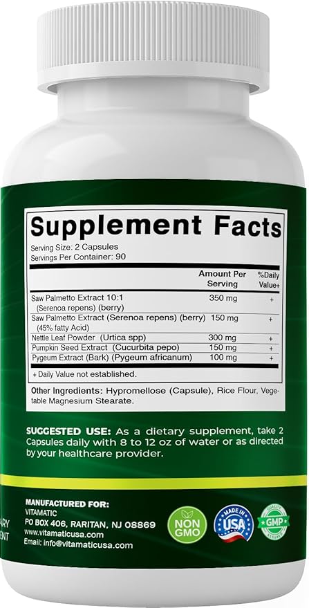 Vitamatic Saw Palmetto Extract for Men & Women 180 Veg Capsules - Made with Pumpkin Seed, Pygeum, Nettle Leaf - Made in The USA - Promotes Healthy Prostate Function-2 Pack