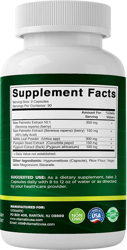 Vitamatic Saw Palmetto Extract for Men & Women 180 Veg Capsules - Made with Pumpkin Seed, Pygeum, Nettle Leaf - Made in The USA - Promotes Healthy Prostate Function
