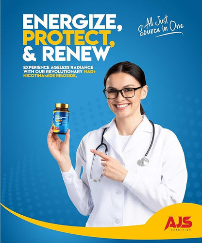 AJS NAD+ Cellular Energy – NR Supplement with PQQ, Resveratrol, Lycopene, Spermidine, L-Ergothioneine, and Collagen Peptides – 90 Capsules for Cellular Support