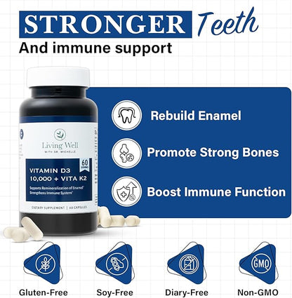 Vitamin D3 10,000 IU with K2 – Immune, Teeth, Bone Health Support, Non-GMO, Gluten & Dairy Free, 60 Day Supply, 60 Capsules