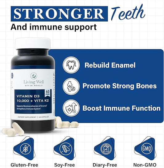 Vitamin D3 10,000 IU with K2 – Immune, Teeth, Bone Health Support, Non-GMO, Gluten & Dairy Free, 60 Day Supply, 60 Capsules