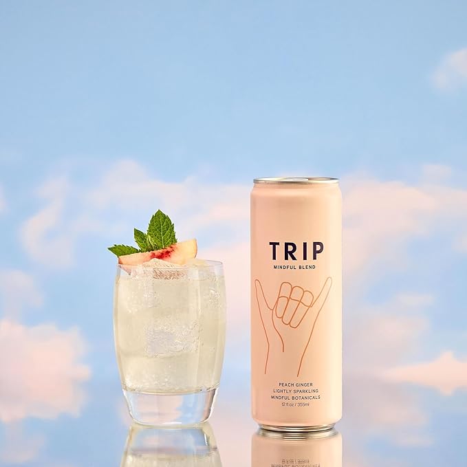 Trip Mindful Blend, Lightly Sparkling Adaptogen Seltzer, Mocktail w/ 120mg Magnesium Citrate with Ashwagandha, Lions Mane & L Theanine, No Added Sugar, Vegan, Peach Ginger, 12 Oz, 12Pk