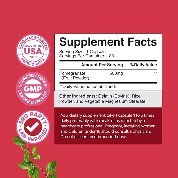 Advanced Antioxidant Superfood Pomegranate Supplement - Natural Pomegranate Extract Polyphenols Supplement for Heart Health and Joint Support - Reds Superfood Powder Capsules for Men and Women 180ct