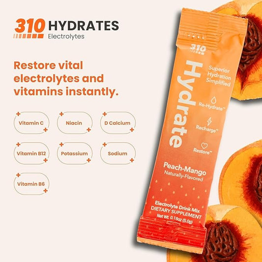 310 Hydrate Peach Mango Electrolytes Powder Packets - No Sugar Hydration Packets with Key Vitamins & Minerals - Keto Friendly - Tasty Sugar Free Electrolyte Drink - 30 Single Servings