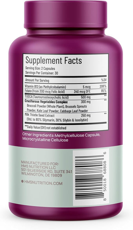 TUDCA Liver Plus+, Liver Support Supplement for Liver Cleanse with Milk Thistle Seed Extract, Vitamin B12, Folate, Tudca Bile Salt Supplement (Tauroursodeoxycholic Acid), 60 Capsules, 1 Month Supply