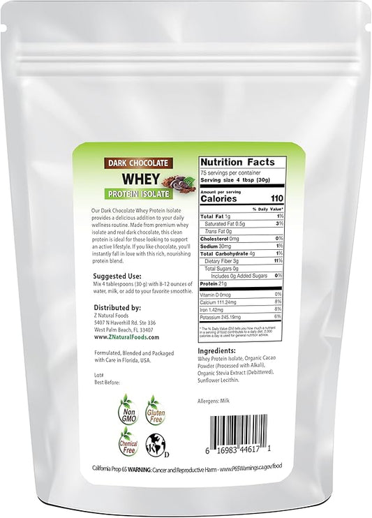 Z Natural Foods Dark Chocolate Whey Protein Isolate, Natural Protein Powder with Zero Sugar, Enriched with Vital Proteins for Energy Boost and Weight Loss, Gluten Free, Non-GMO, 5 lbs