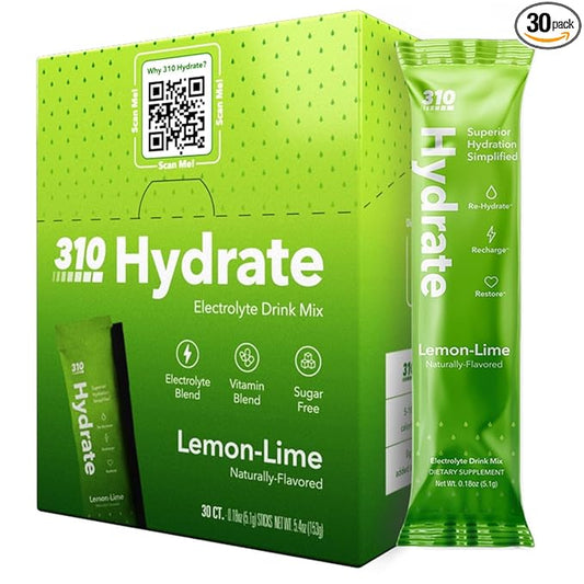 310 Hydrate Electrolyte Powder Packets – Key Vitamins & Minerals – No Sugar – Keto Friendly Hydration Drink – 30 Single Servings, Lemon Lime Flavor