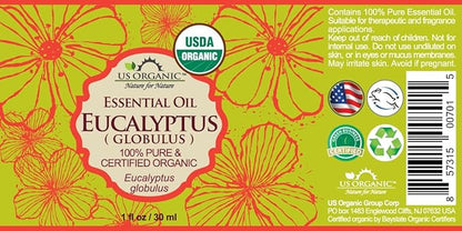 US Organic 100% Pure Eucalyptus Essential Oil (Globulus) - USDA Certified Organic, Steam Distilled - W/Euro droppers (More Size Variations Available) (30 ml / 1 fl oz)