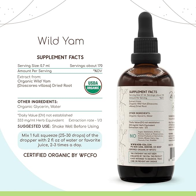 Wild Yam B120 USDA Organic Alcohol-Free Herbal Extract Tincture, Concentrated Liquid Drops Natural Wild Yam (Dioscorea Villosa) Dried Root 4 fl oz