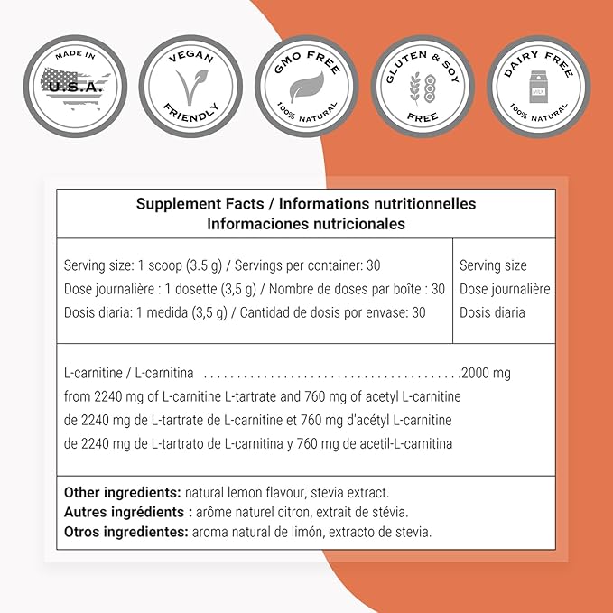 Supersmart - L-Carnitine Formula (Natural Lemon Flavor) - 2-in-1 with Acetyl L-Carnitine & L-Carnitine Tartrate Powder - Amino Acids Complex Supplement | Non-GMO & Gluten Free - 105 g