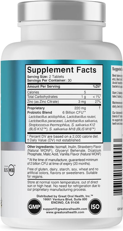 Advanced Oral Probiotics for Mouth Bad Breath Treatment for Adults, Dentist Formulated BLIS K12 M18 Oral Health Probiotics for Teeth/Gums, Flavor Variation Pack: Mint, Strawberry Vanilla 60 Count Each