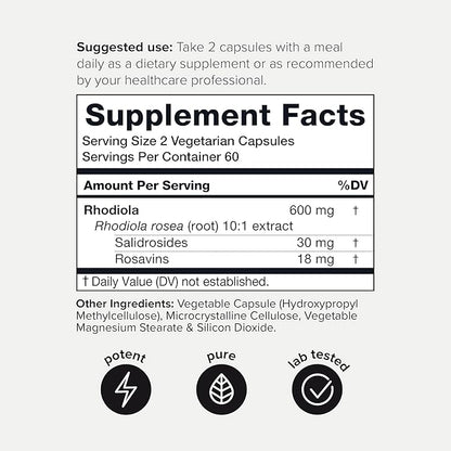 Toniiq Triple-Strength 600mg Rhodiola Rosea - 120 Capsules - 5% Salidroside Concentrated Extract - Highly Purified and Bioavailable