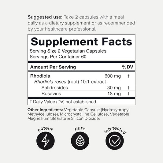 Toniiq Triple-Strength 600mg Rhodiola Rosea - 120 Capsules - 5% Salidroside Concentrated Extract - Highly Purified and Bioavailable