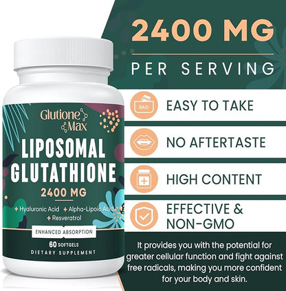 8-in-1 Liposomal Glutathione 2400 MG, High Absorption Antioxidant Formula – with Hyaluronic Acid, Alpha-Lipoic Acid, Resveratrol - Skin, Liver Detox & Immune System, 60 Softgels