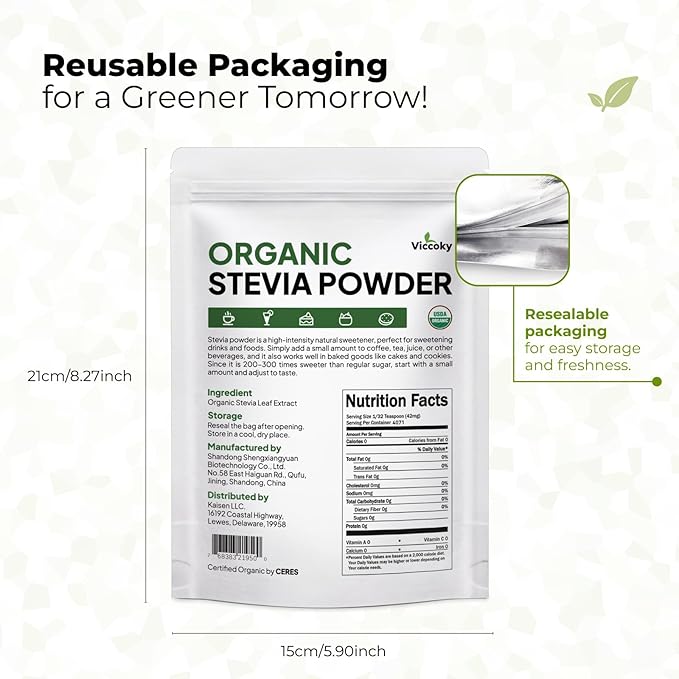 Viccoky Organic Stevia Powder 6oz (171g), Pure Stevia Extract Powder, Sugar-Free & 0 Calories, No Additives, Sugar Substitute, Natural Sweetener
