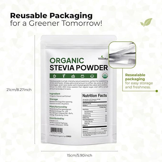 Viccoky Organic Stevia Powder 6oz (171g), Pure Stevia Extract Powder, Sugar-Free & 0 Calories, No Additives, Sugar Substitute, Natural Sweetener