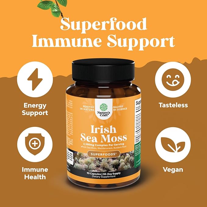 Organic Irish Sea Moss Capsules - Organic Sea Moss Pills with 2100mg Serving Superfood Complex with Bladderwrack Burdock Root and BioPerine for Immune Skin & Thyroid Support - Vegan Non-GMO (1 Month)