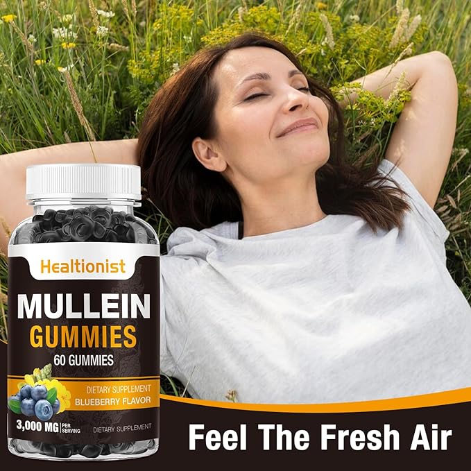 1 Pack Sugar Free Mullein Gummies - Lung Cleanse, 3000MG Mullein Supplement for Respiratory, Organic Mullein Drops Gummy with Quercetin & Bromelain for Lung, Digestive Health & Immune 90Ct