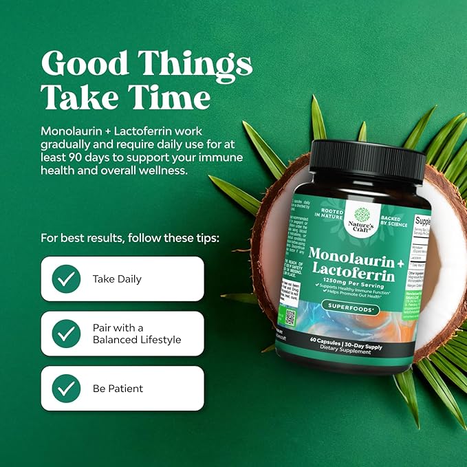 Natures Craft High Strength 250mg Lactoferrin & 1000mg Monolaurin Supplement (30 Servings) - Microbiome Digestive Health Immune Support Supplement - Lactoferrin and Monolaurin Capsules - Vegetarian