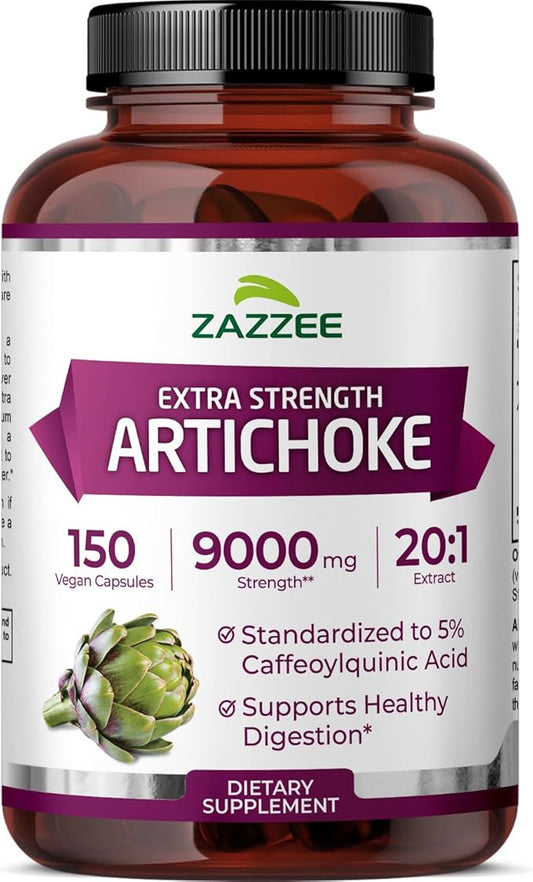 Zazzee Extra Strength Artichoke 20:1 Extract, 9000 mg Strength, 5% Caffeoylquinic Acid, 150 Vegan Capsules, 5 Month Supply, Concentrated and Standardized 20X Extract, Non-GMO and All-Natural
