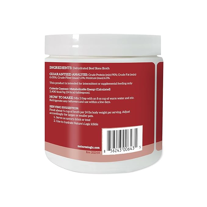 Nature's Logic Dehydrated Bone Broth Powder - 100% Natural Dog & Cat Topper - Rich in Glucosamine & Chondroitin - Boosts Immune System - Gluten-Free, No Synthetic Ingredients - Beef, 6oz