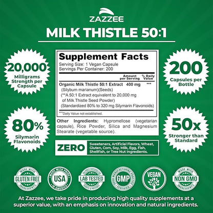 Zazzee Organic Milk Thistle 50:1 Extract, 20,000 mg Strength, 200 Vegan Capsules, 80% Silymarin Flavonoids, Over 6 Month Supply, Standardized and Concentrated 50X Extract, All-Natural and Non-GMO