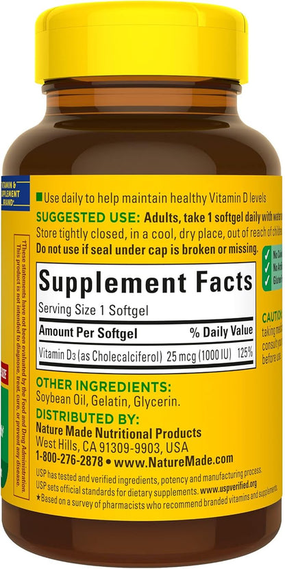 Nature Made Vitamin D3 1000 IU (25 mcg), Vitamin D Supplement for Bone, Teeth, Muscle and Immune Health Support, 180 Softgels, 180 Day Supply