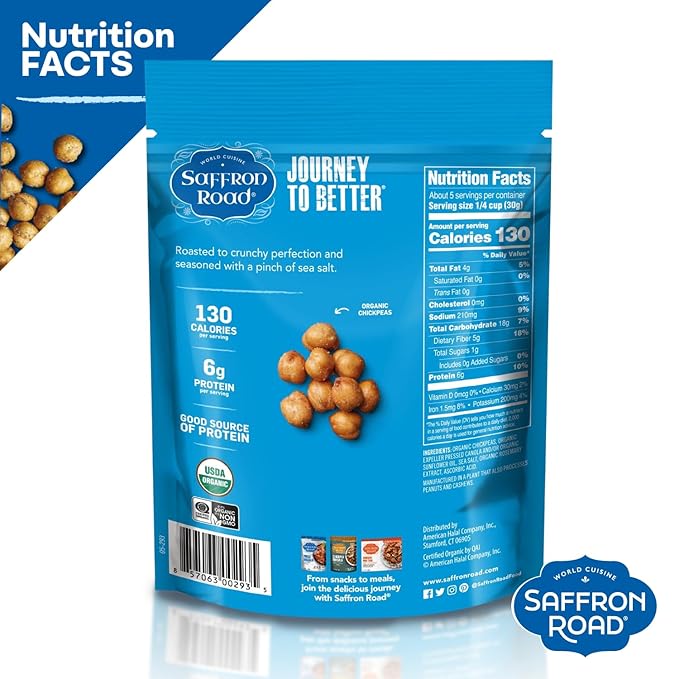 Saffron Road Roasted and Crunchy Sea Salt Chickpeas | High Protein Snacks | Certified Organic, Gluten-free, Vegan, Non-GMO, and Certified Halal and Kosher | 5.4oz Pouch | Pack of 6
