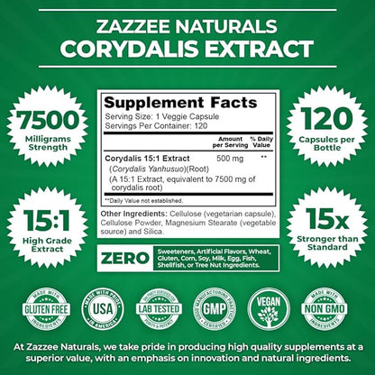 Zazzee Extra Strength Corydalis 15:1 Extract, 7500 mg Strength, 120 Vegan Capsules, Concentrated and Standardized 15X Extract, 100% Vegetarian, Premium Grade, Conolidine, All-Natural and Non-GMO