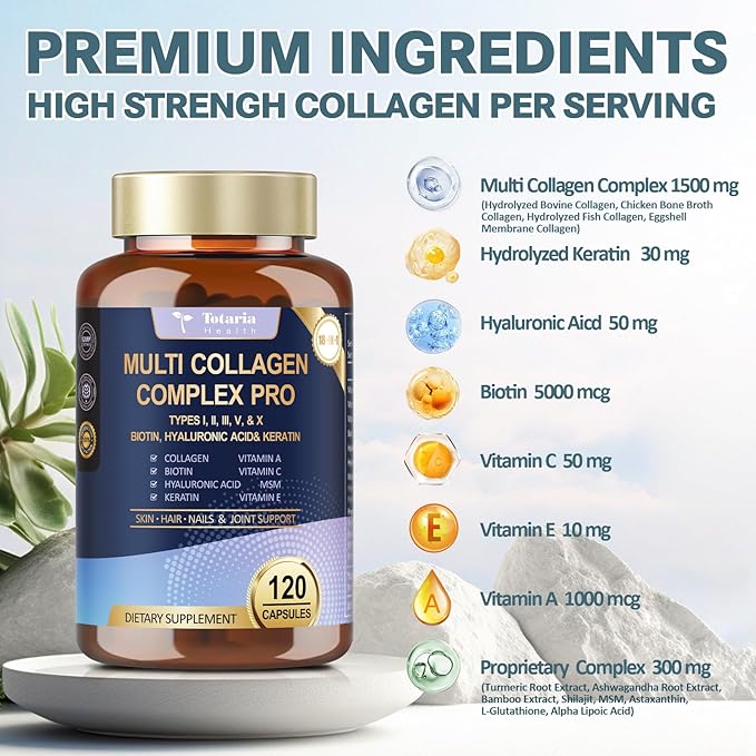 18-in-1 Collagen Pro with Hyaluronic Aicd, Keratin, Biotin, VIT A C & E for Skin, Hair, Nails, Joint & Beauty - Multi Collagen Peptides Capsules with Type I II III V & X for Women & Men - 120 Caps