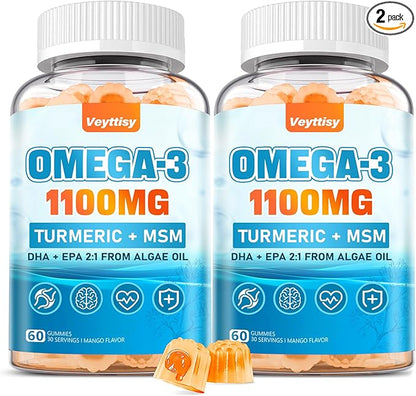 Vegan Omega 3 Gummies 1100mg + Turmeric - Alage Oil Omega 3 Supplement for Adults with DHA 640mg & EPA 320mg - Plus MSM, Astaxanthin, Vitamin E, D3, Black Pepper, Sugar-Free, 60 Counts