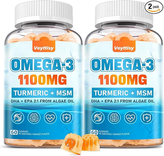 Vegan Omega 3 Gummies 1100mg + Turmeric - Alage Oil Omega 3 Supplement for Adults with DHA 640mg & EPA 320mg - Plus MSM, Astaxanthin, Vitamin E, D3, Black Pepper, Sugar-Free, 60 Counts