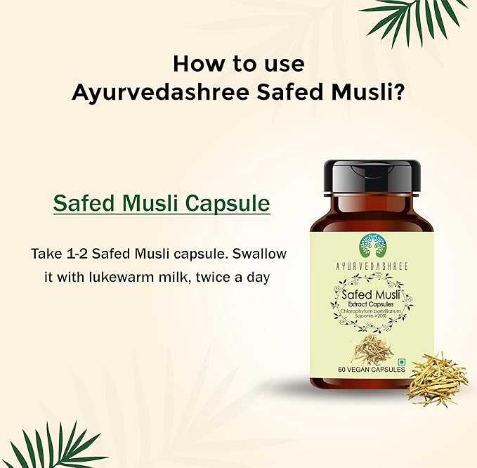 Safed Musli Extract 500mg - 60 Vegetarian Capsules | Chlorophytum Borivillianum | All Natural | 100% Vegan | Gluten-Free | GMP Certified.