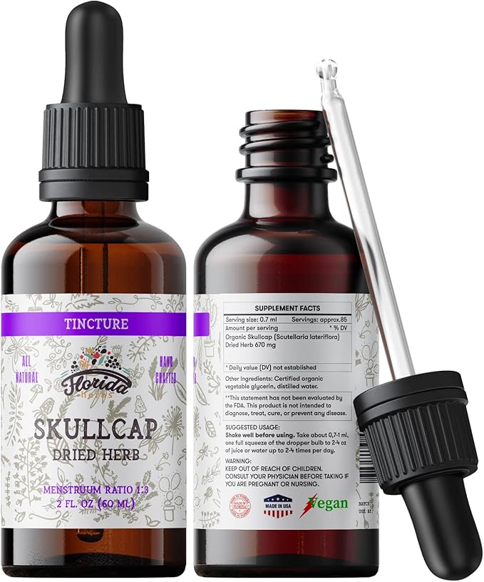 Skullcap Tincture, Organic Skullcap Extract, Skullcap Drops (Scutellaria lateriflora) Dried Herb 2 0z (60 ml)
