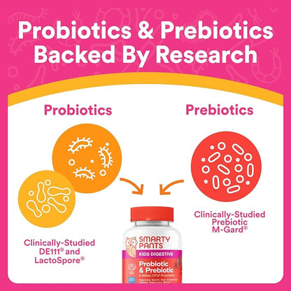 SmartyPants Kids Probiotic & Prebiotic Gummies for Digestive Health: Gut Health Supplement, Clinically Studied Prebiotic for Immune Support, Strawberry, 60 Count (30 Day Supply)