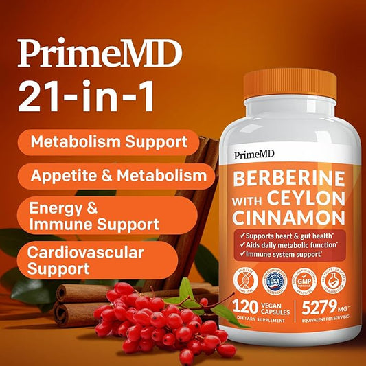21-in-1 Berberine Supplement with Ceylon Cinnamon with Chromium, Bitter Melon and Green Tea Extract and Black Pepper Extract 5X for Energy & Metabolism Support with 5279 mg (120 ct, Pack of 2)