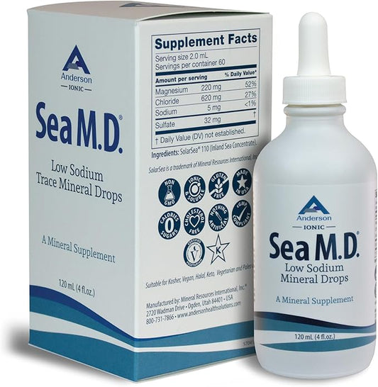 Anderson Sea M.D. Concentrated Trace Mineral Drops, Ionic Electrolyte Magnesium Supplement, Liquid Magnesium, Easy to Take, 4 fl oz, 60 Servings in Glass Bottle