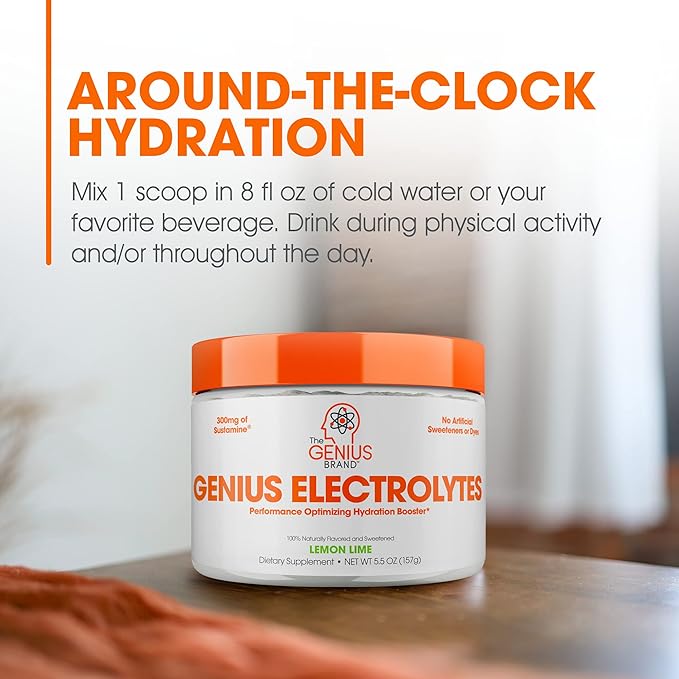 The Genius Brand Genius Electrolytes - Electrolyte Powder for Active Lifestyles - Supports Hydration, Energy, Endurance, Muscle Growth & Recovery - Lemon Lime - 30 Servings