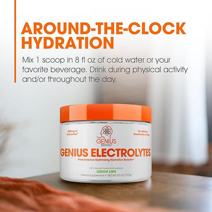 The Genius Brand Genius Electrolytes - Electrolyte Powder for Active Lifestyles - Supports Hydration, Energy, Endurance, Muscle Growth & Recovery - Lemon Lime - 30 Servings