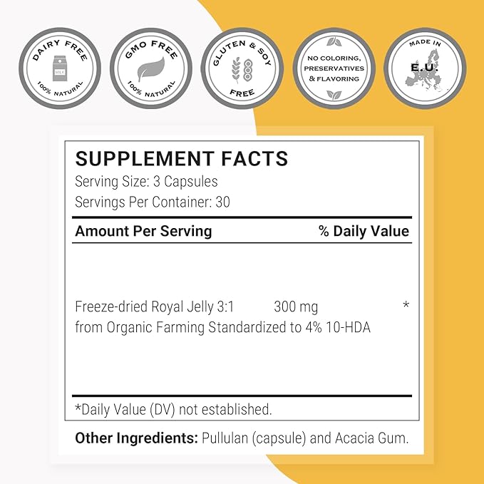 Supersmart - Organic Royal Jelly 300mg per Day (High Strength 4% 10-HDA) - Freeze-Dried Fresh Royal Jelly Supplement | Non-GMO & Gluten Free - 90 Vegetarian Capsules