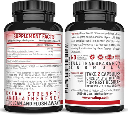 VALI D-Mannose 1000mg Urinary Tract Health Formula. Organic Cranberry Fruit Powder & Hibiscus. Healthy Bladder, Natural Cleanse, Fast Detox Flush, Herbal UT Function Support Pills. 60 Veggie Capsules