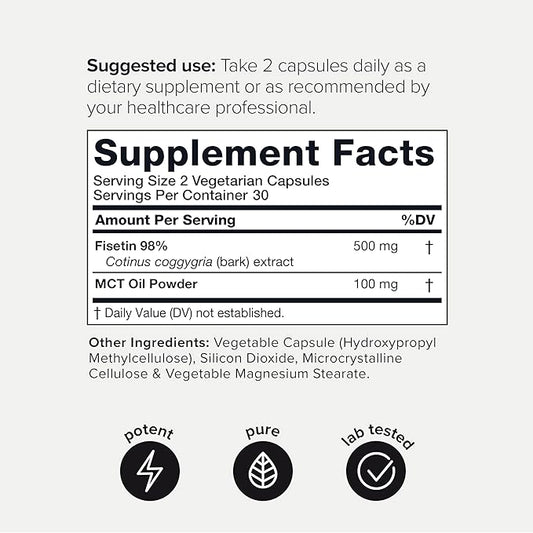 Toniiq Ultra High Purity Fisetin 500mg - 98%+ Higly Purified & Bioavailable Fisetin Supplement with MCT Oil for Absorption - Third-Party Tested Senolytic Supplements for Aging Support - 60 Capsules
