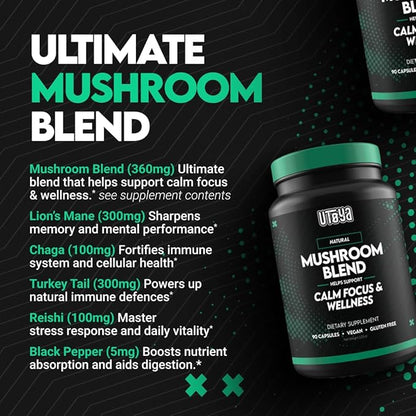 UTOYA Natural Mushroom Blend Supplements - Lions Mane Supplement Capsules with Reishi, Cordyceps, More for Calm, Focus and Wellness - Non-GMO Vegan/Gluten Free Multi Mushroom Supplement - 90 Capsules