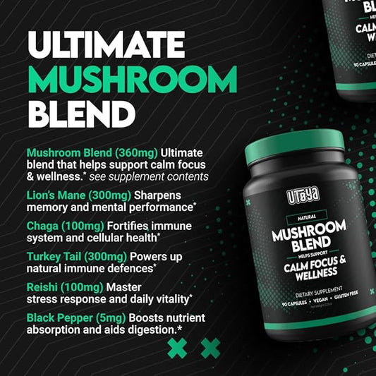 UTOYA Natural Mushroom Blend Supplements - Lions Mane Supplement Capsules with Reishi, Cordyceps, More for Calm, Focus and Wellness - Non-GMO Vegan/Gluten Free Multi Mushroom Supplement - 90 Capsules