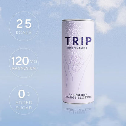Trip Mindful Blend, Lightly Sparkling Adaptogen Seltzer, Mocktail w/ 120mg Magnesium Citrate with Ashwagandha, Lions Mane & L Theanine, No Added Sugar, Vegan, Raspberry Orange Blossom, 12 Oz, 12Pk