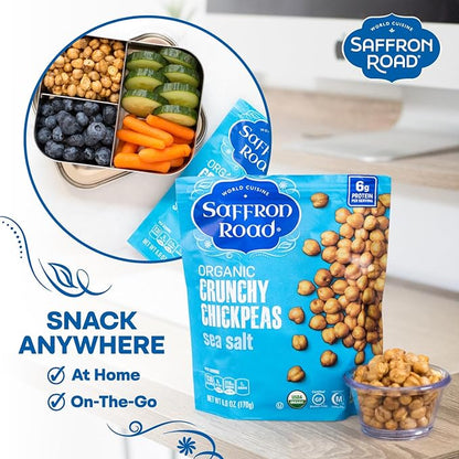 Saffron Road Roasted and Crunchy Sea Salt Chickpeas | High Protein Snacks | Certified Organic, Gluten-free, Vegan, Non-GMO, and Certified Halal and Kosher | 5.4oz Pouch | Pack of 6